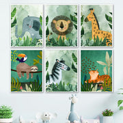 Jungle Animals Lion Elephant Giraffe Zebra Leopard Nursery Wall Art Print Canvas Painting