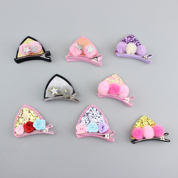 2pcs Set Cute Clips For Girls Glitter Rainbow Felt Fabric Flowers Hairpins Cat Ears Bunny Barrettes Kids Hair Accessories